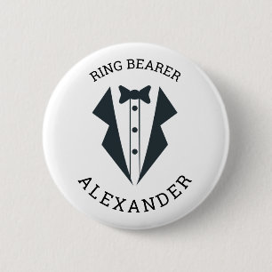 Personalized Ring Bearer Tuxedo Black White 2 Inch Round Button