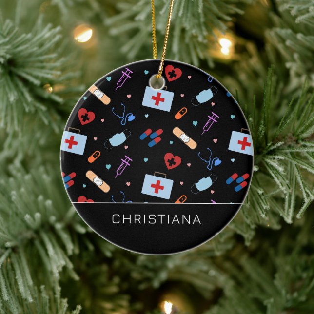 Personalized RN Nurse | Doctor Medical Pattern Ceramic Ornament (Tree)