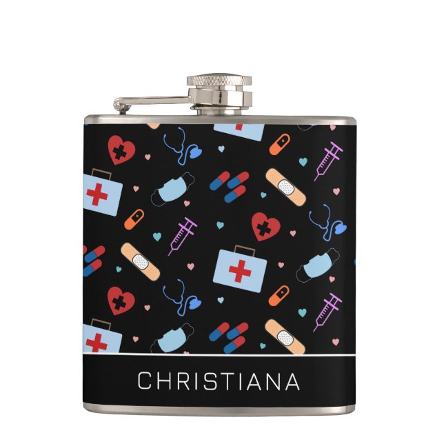 Personalized RN Nurse | Doctor Medical Pattern Hip Flask (Front)