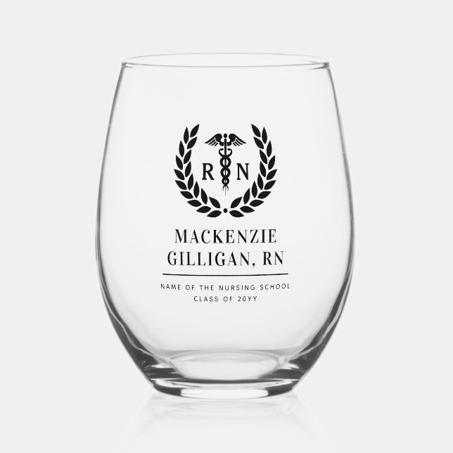 Personalized RN Nursing School Graduation Elegant Stemless Wine Glass (Front)