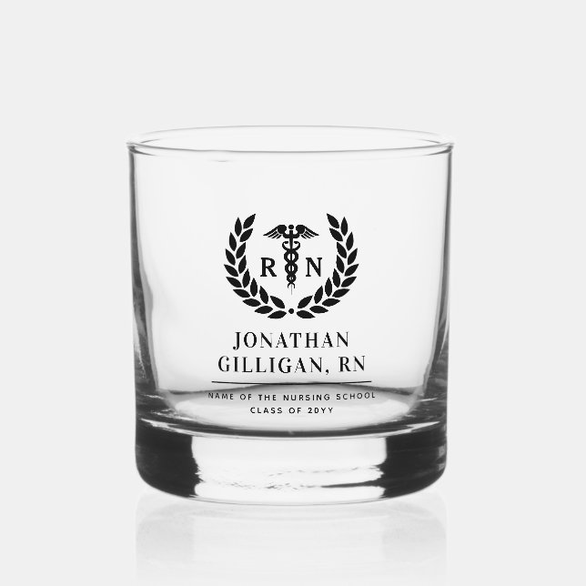 Personalized RN Nursing School Graduation Elegant Whiskey Glass (Front)