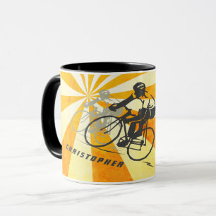 Personalized Road Cyclist and Retro Sunburst Bike Mug