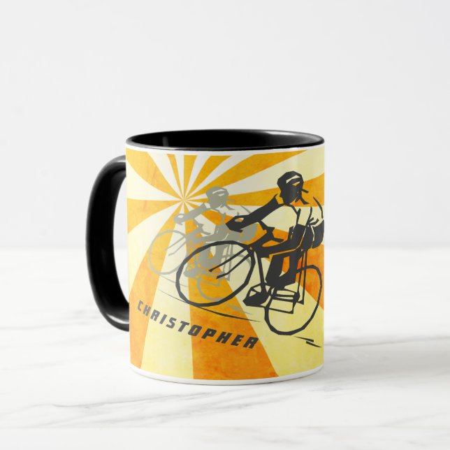 Personalized Road Cyclist and Retro Sunburst Bike Mug (Front Left)