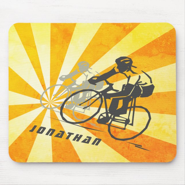 Personalized Road Cyclists and Retro Sunburst Bike Mouse Pad (Front)