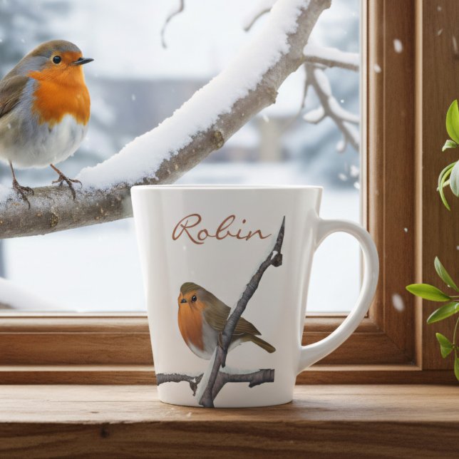 Personalized Robin Bird on Winter Branch Latte Mug (A festive robin sits on a snowy branch waiting for you to add your name)