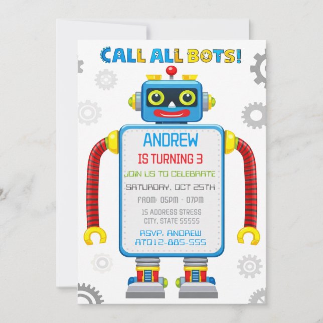 Personalized Robot Birthday invitation (Front)