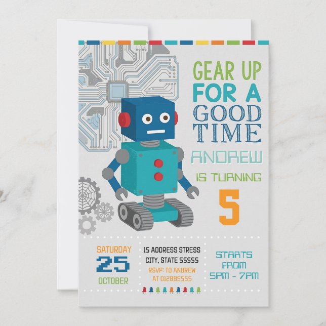 Personalized Robot Birthday party Invitation (Front)