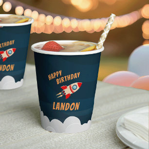Personalized Rocket Ship Birthday Paper Cups
