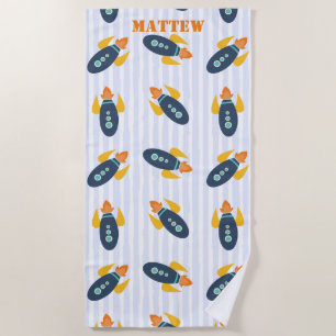 Personalized Rocket Ship Pattern Blue Orange Kids Beach Towel