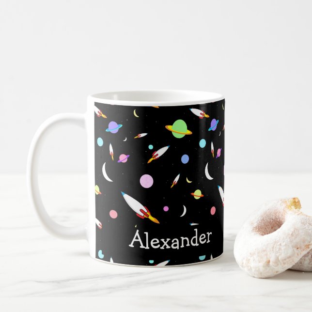 Personalized Rockets Planets Moons Stars Space Coffee Mug (With Donut)