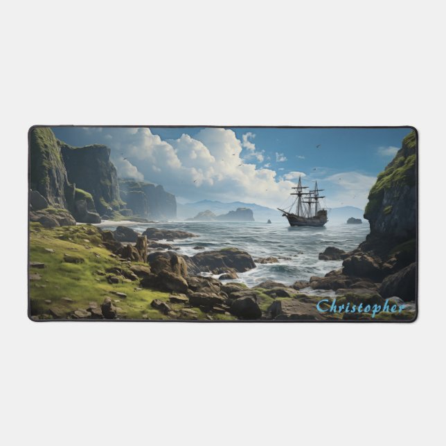 Personalized Rocky Cove and Ship Desk Mat  (Front)