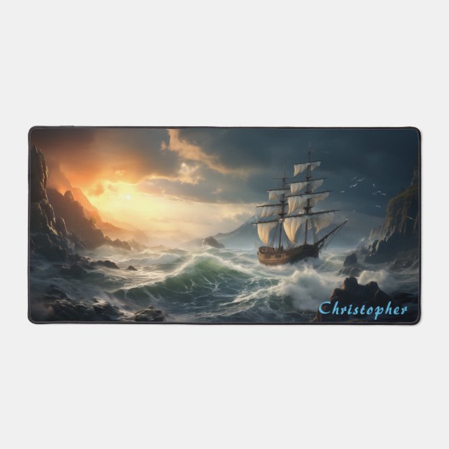 Personalized Rocky Cove and Ship Desk Mat  (Front)