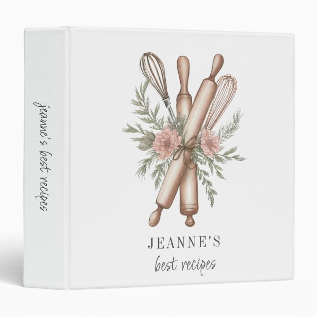 Personalized Rolling Pins Whisks Floral Recipe Binder (Front/Spine)