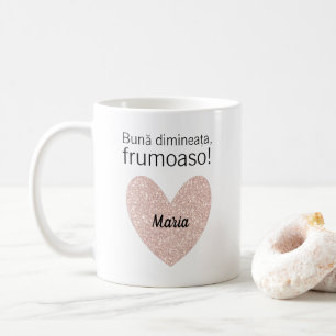 Personalized Romanian Greeting and Rose Gold Heart Coffee Mug