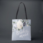 Personalized romantic dusty blue floral bridesmaid tote bag<br><div class="desc">Watercolor botanical floral and greenery in soft yellow,  dusty blue,  and grey,  with bridesmaid script and custom name on the back,  elegant and romantic,   great personalized gifts for bridesmaid.</div>