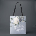Personalized romantic dusty blue floral bridesmaid tote bag<br><div class="desc">Watercolor botanical floral and greenery in soft yellow,  dusty blue,  and grey,  with bridesmaid script and custom name on the back,  elegant and romantic,   great personalized gifts for bridesmaid.</div>