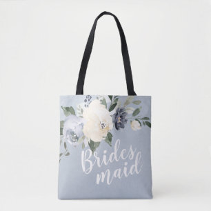 Personalized romantic dusty blue floral bridesmaid tote bag