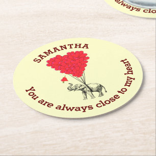 Personalized romantic elephant and red heart round paper coaster