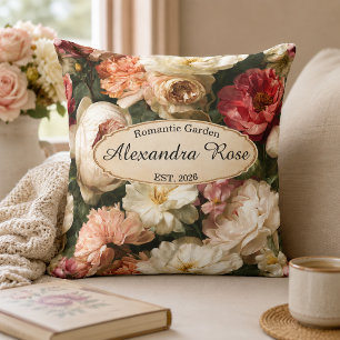 Personalized Romantic Floral Watercolor Peony Rose Throw Pillow