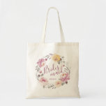 Personalized romantic garden floral bridesmaid tote bag<br><div class="desc">Modern bridesmaid script with watercolor floral wreath in muted pastel yellow,  peach and mauve,  cute personalized Bridesmaid tote bags for bridal party gifts.</div>