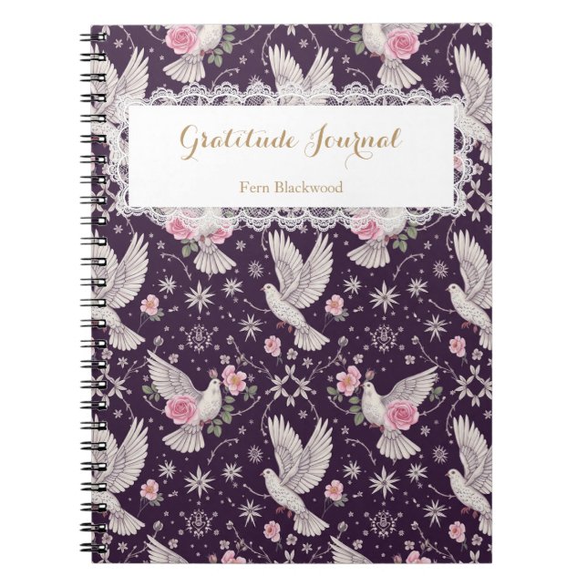 Personalized Romantic Maximalist Dove and Rose Notebook (Front)