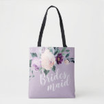 Personalized romantic purple floral bridesmaid tote bag<br><div class="desc">Watercolor botanical floral and greenery in soft blush,  peach and purple,  green and navy,   with bridesmaid script and custom name on the back,  elegant and romantic,   great personalized gifts for bridesmaid.</div>