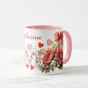 Personalized Romantic Vintage Poppies and Hearts Mug