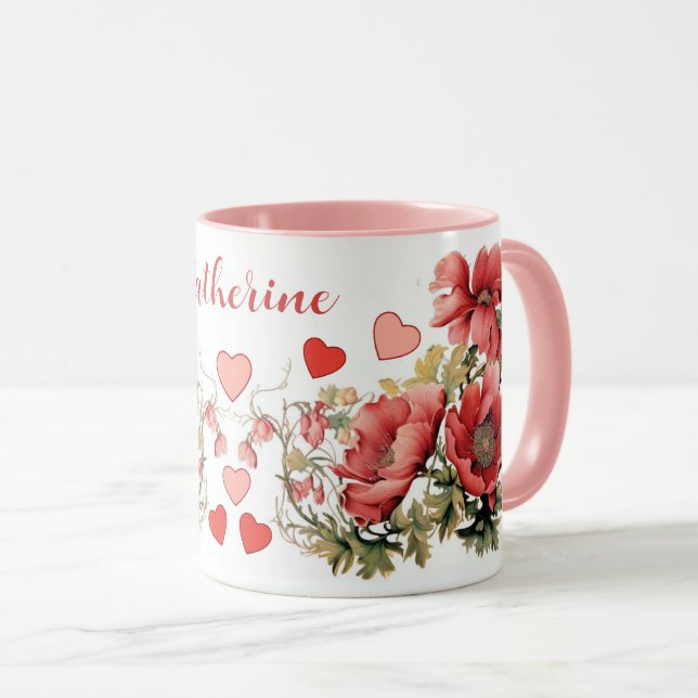 Personalized Romantic Vintage Poppies and Hearts Mug (Front Right)