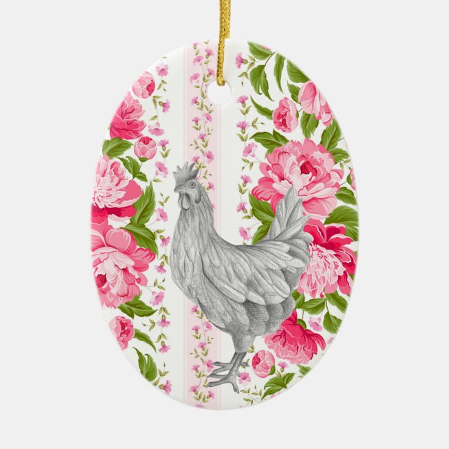 Personalized Rooster and Pink Flowers Chicken Farm Ceramic Ornament (Front)