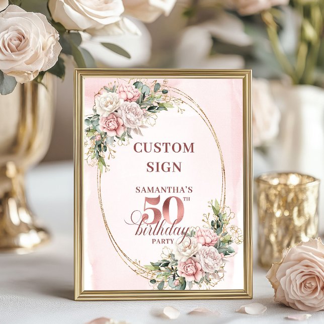 Personalized Rose Gold Botanical 50th Birthday   Poster (Personalized Rose Gold Botanical 50th Birthday 8x10 Sign)