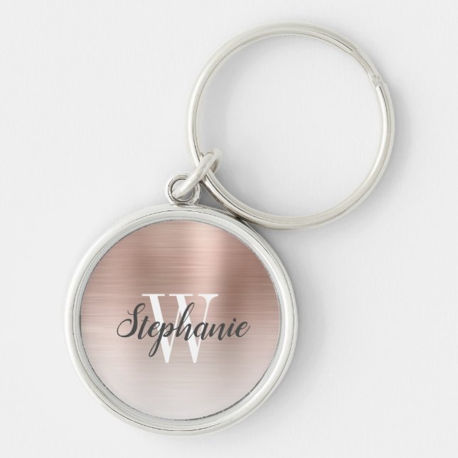 Personalized Rose Gold Brushed Metal Monogram Keychain (Front)