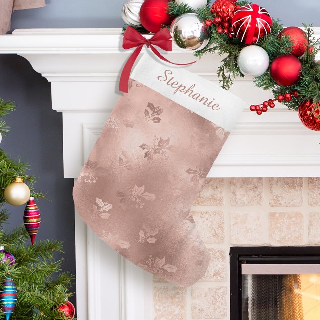 Personalized Rose Gold Christmas Holly Leaves Small Christmas Stocking (Creator Uploaded)