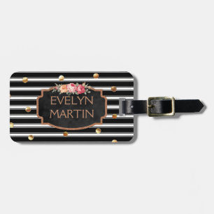 Personalized Rose Gold Dots   Chalkboard Stripes Luggage Tag