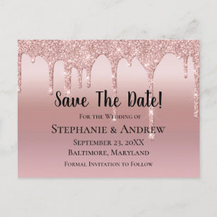 Personalized Rose Gold Dripping Glitter Blush Pink Announcement Postcard