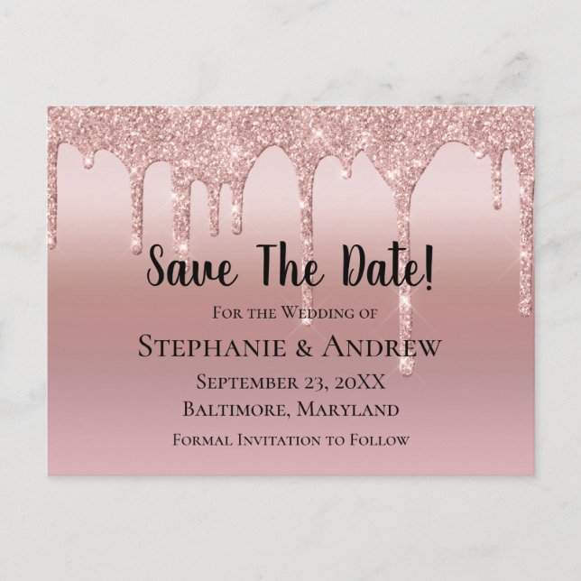 Personalized Rose Gold Dripping Glitter Blush Pink Announcement Postcard (Front)
