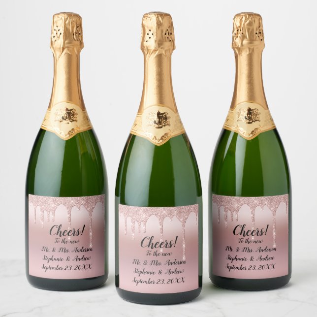 Personalized Rose Gold Dripping Glitter Sparkling Wine Label (Bottles)