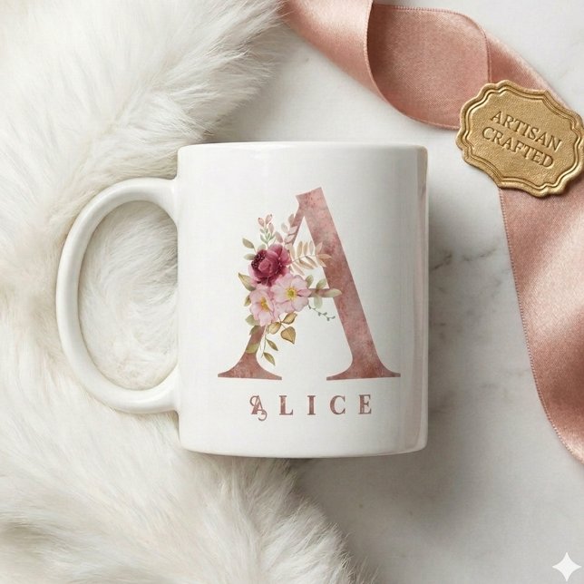 Personalized Rose Gold Floral Letter A Monogram Coffee Mug (Creator Uploaded)