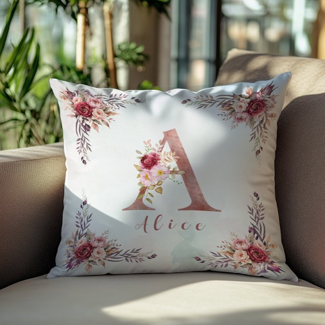 Personalized Rose Gold Floral Letter A Monogram  Throw Pillow (Creator Uploaded)
