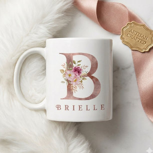 Personalized Rose Gold Floral Letter B Monogram Coffee Mug
