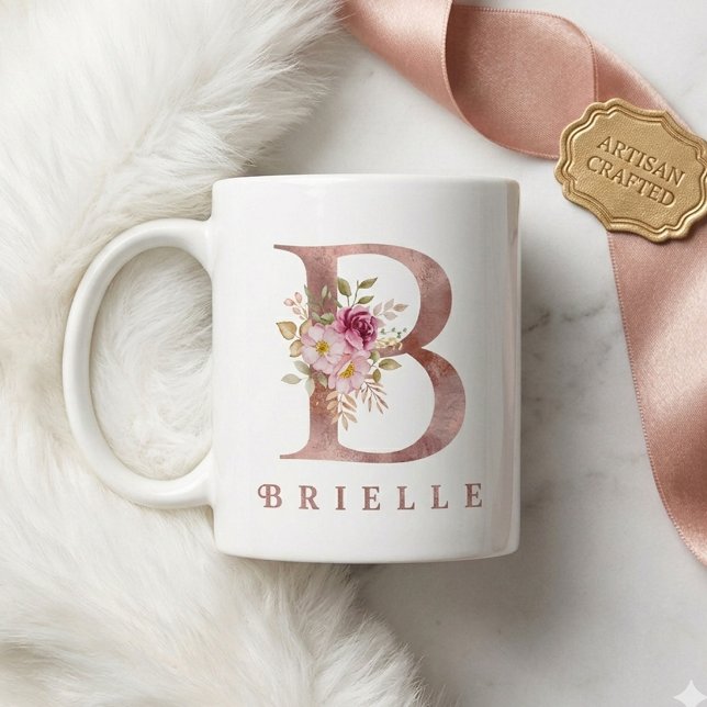 Personalized Rose Gold Floral Letter B Monogram Coffee Mug (Creator Uploaded)
