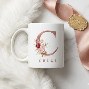 Personalized Rose Gold Floral Letter C Monogram Coffee Mug