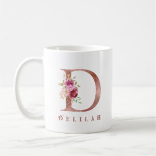 Personalized Rose Gold Floral Letter D Monogram Coffee Mug