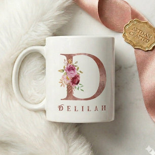 Personalized Rose Gold Floral Letter D Monogram Coffee Mug