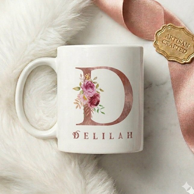 Personalized Rose Gold Floral Letter D Monogram Coffee Mug (Creator Uploaded)