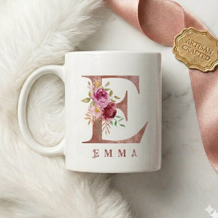 Personalized Rose Gold Floral Letter E Monogram Coffee Mug