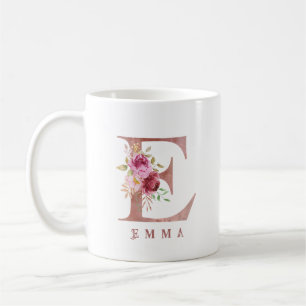 Personalized Rose Gold Floral Letter E Monogram Coffee Mug