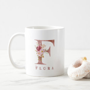 Personalized Rose Gold Floral Letter F Monogram Coffee Mug