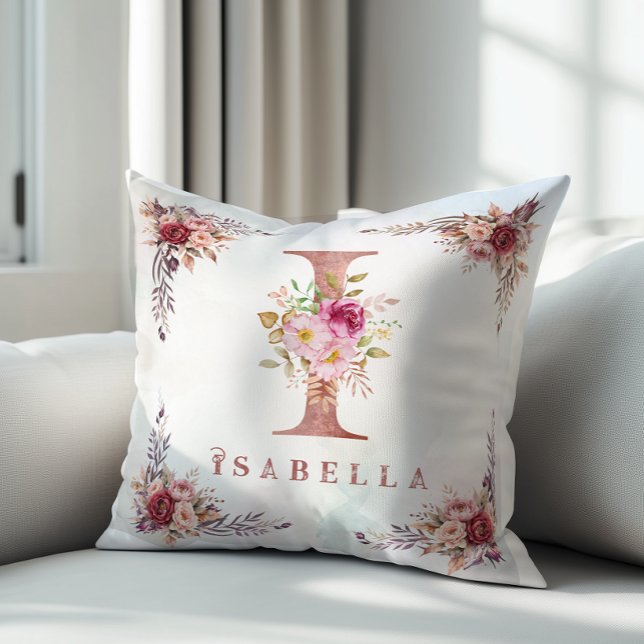 Personalized Rose Gold Floral Letter I Monogram  Throw Pillow (Creator Uploaded)