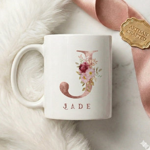 Personalized Rose Gold Floral Letter J Monogram Coffee Mug