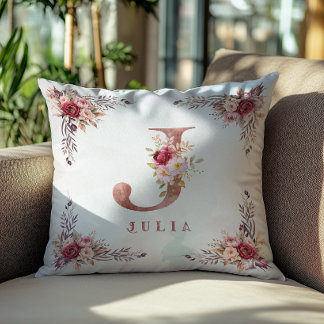 Personalized Rose Gold Floral Letter J Monogram  Throw Pillow